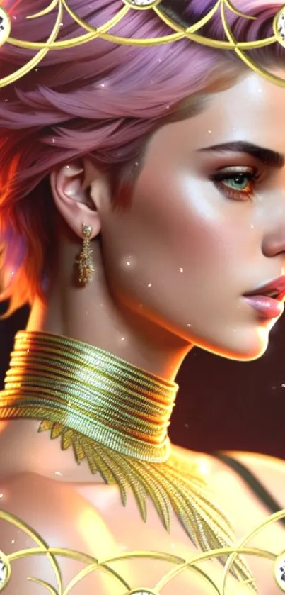 Elegant digital art of a woman with pink hair and gold jewelry.