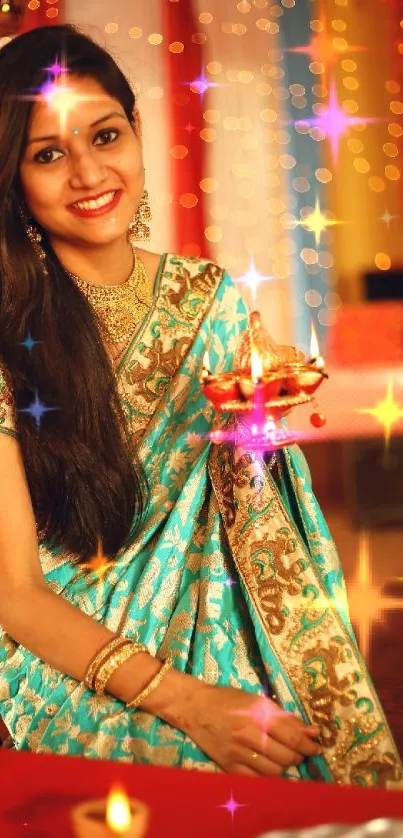 Woman in turquoise saree with festive lights and decor.