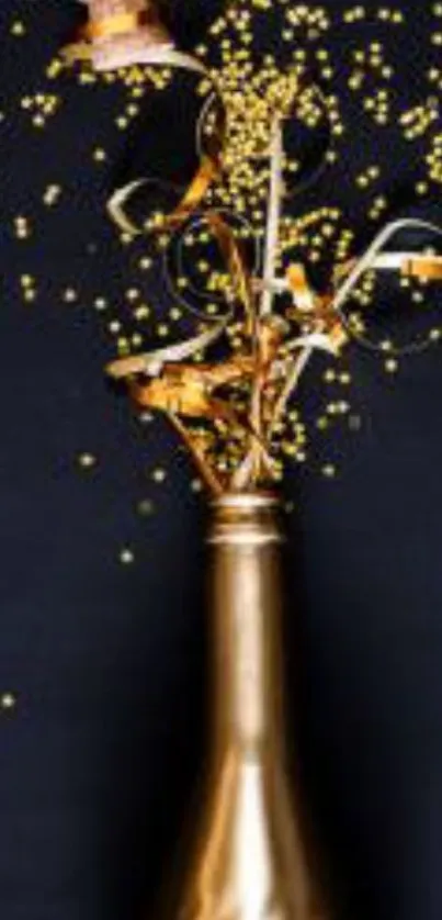 Gold bottle with festive decorations and confetti sparks.