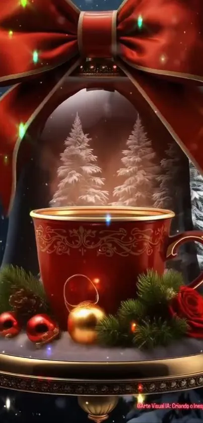 Red cup with festive decorations and ornaments in holiday theme.