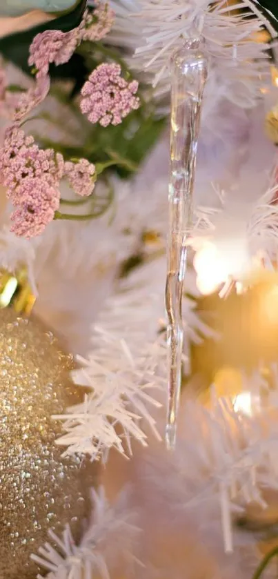 Festive holiday decor with gold glitter and pink floral accents.