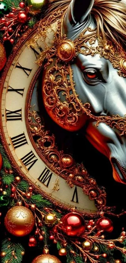 Ornate horse clock with festive decorations