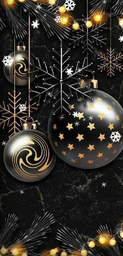 Elegant gold ornaments on dark background with twinkling lights.