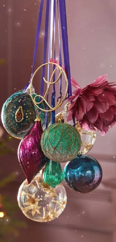 Elegant collection of festive ornaments with vibrant colors for decoration.