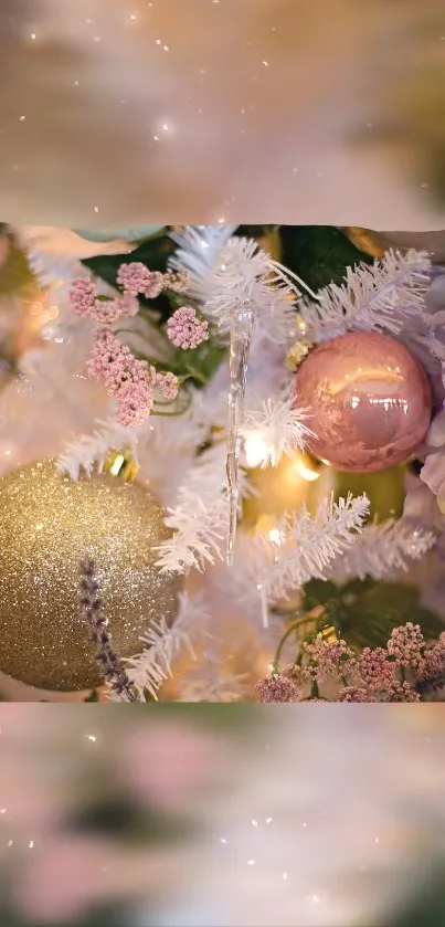 Festive wallpaper with gold and pink ornaments on white branches.