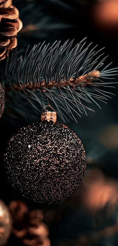 Elegant dark brown ornament on a pine branch.