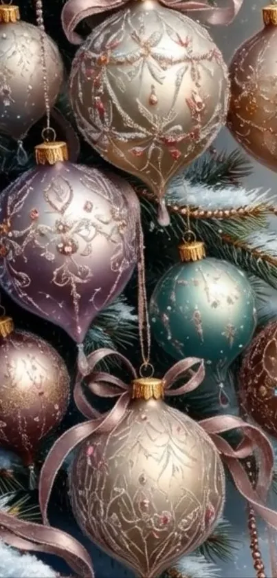 Elegant Christmas ornaments hanging on tree.