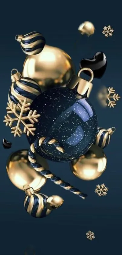 Elegant mobile wallpaper with festive gold, blue, and black ornaments.