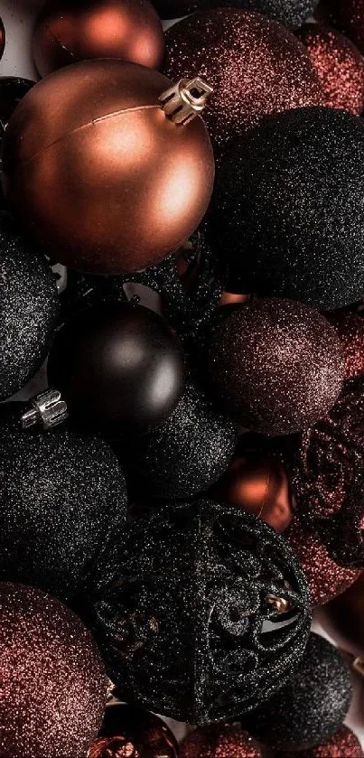 Copper and black festive ornaments on a stunning mobile wallpaper.