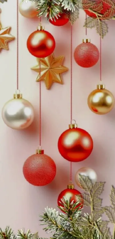 Festive wallpaper featuring red, gold ornaments with pearl accents.