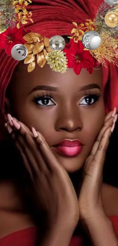 Festive portrait of woman with red headdress and ornaments.