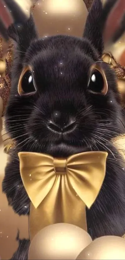 Festive black rabbit with a golden bowtie among ornaments.