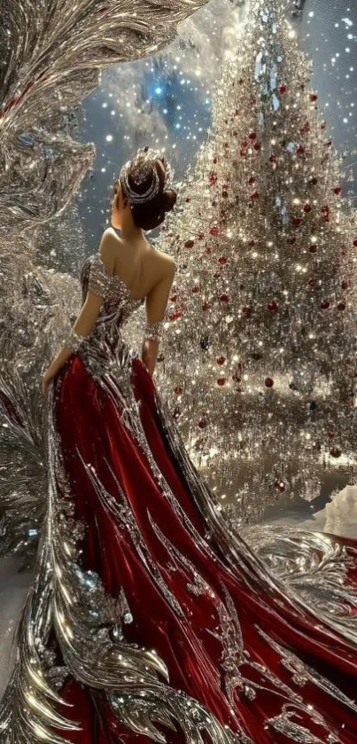 Woman in elegant red gown in wintry silver scene.