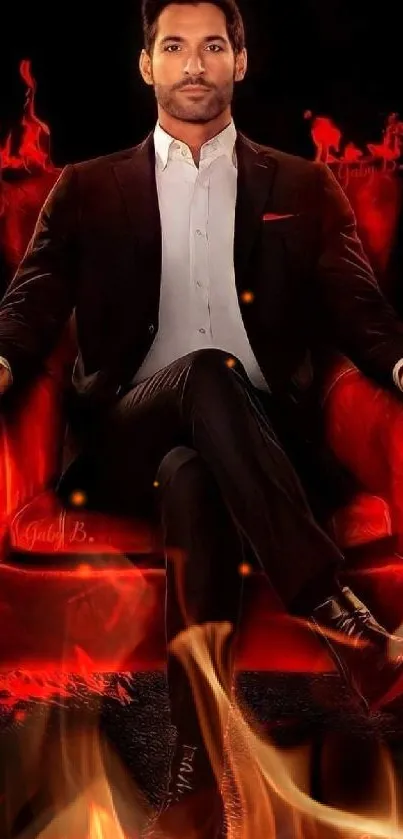 Man in suit sitting on a fiery red chair.