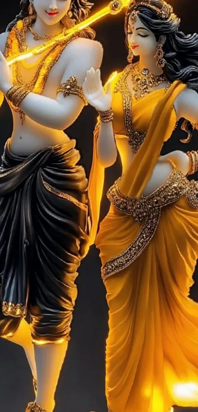 Elegant figurines glowing in golden light, perfect for wallpaper.