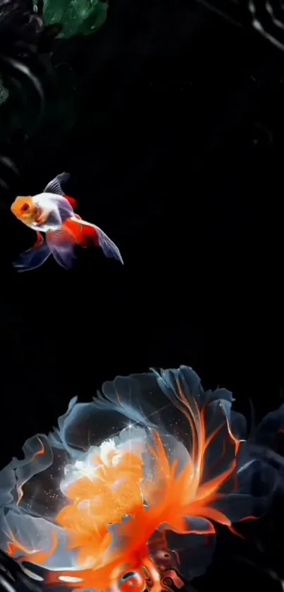 Abstract fish and flower on black wallpaper.