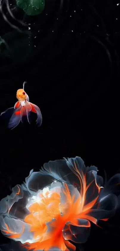 Goldfish swimming above elegant flower on black background.