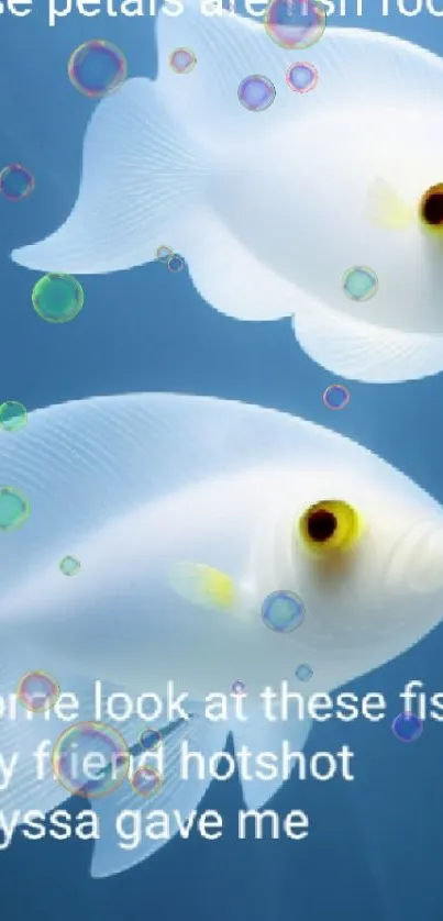 Two elegant translucent fish in deep blue water wallpaper.