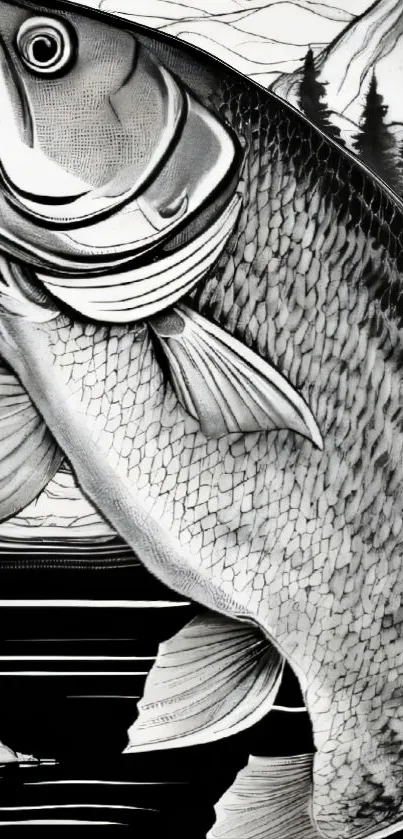 Elegant black and white fish sketch on a nature-themed wallpaper.