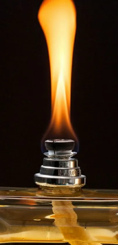 Elegant flame burning on a glass oil lamp with a dark background.