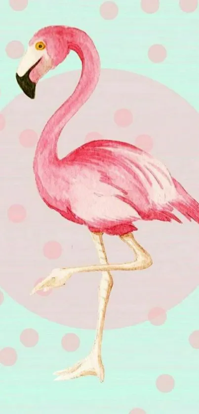 Pink flamingo on mint green polka-dotted background.