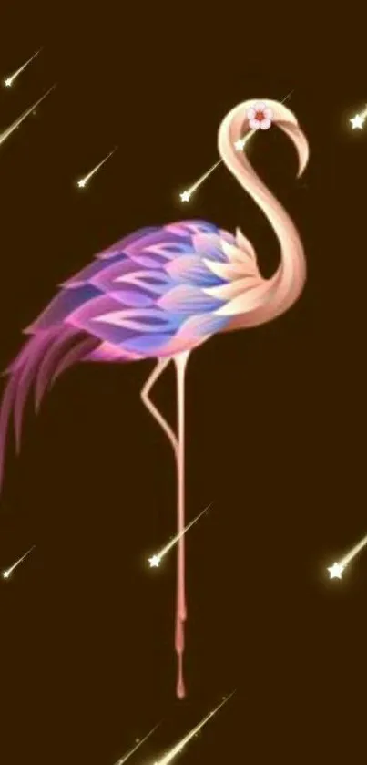 Elegant flamingo art wallpaper with vibrant feathers and dark background.