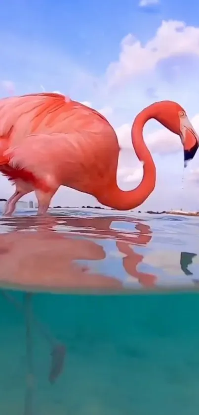 Vibrant pink flamingo near tranquil clear water under a blue sky.