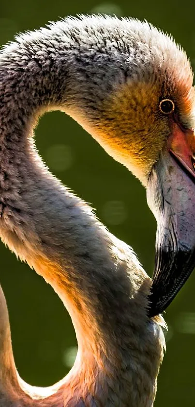 Flamingo elegantly illuminated by sunlight in a peaceful setting.