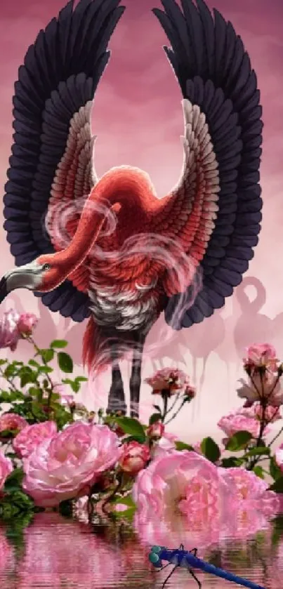 Flamingo with outspread wings amid pink roses and a dragonfly.