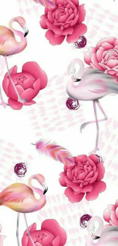 Pink flamingos and flowers wallpaper on white background.