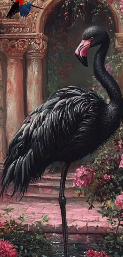 Black flamingo surrounded by pink roses in an elegant garden.