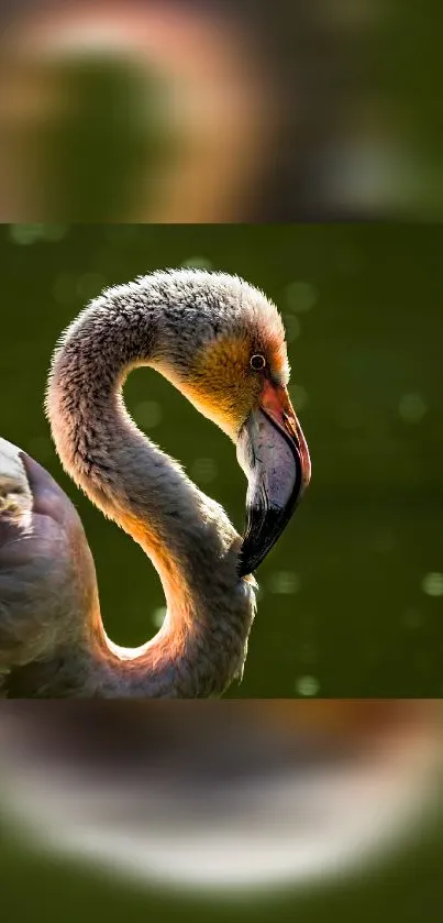 Close-up of an elegant flamingo with a deep green background.