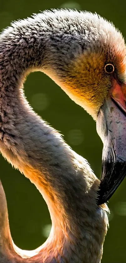 Elegant flamingo in sunlight against a dark green background.