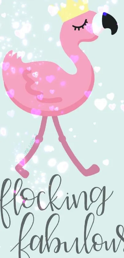 Pink flamingo with crown on light blue background.