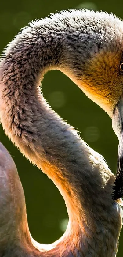 Elegant flamingo with dark green background, showcasing colorful feathers.