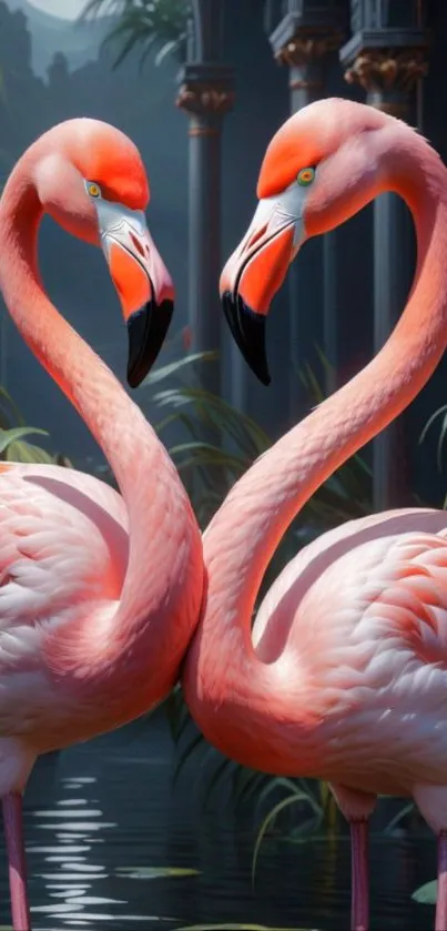 Elegant flamingos in a serene tropical setting, ideal for a phone wallpaper.