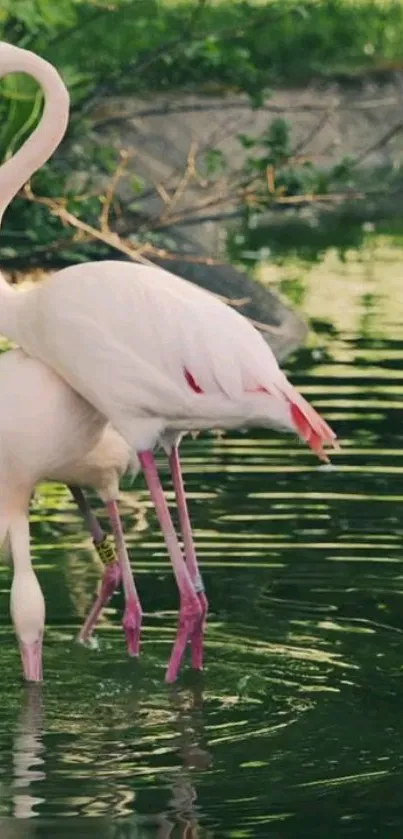 Graceful flamingo by a lush green pond.