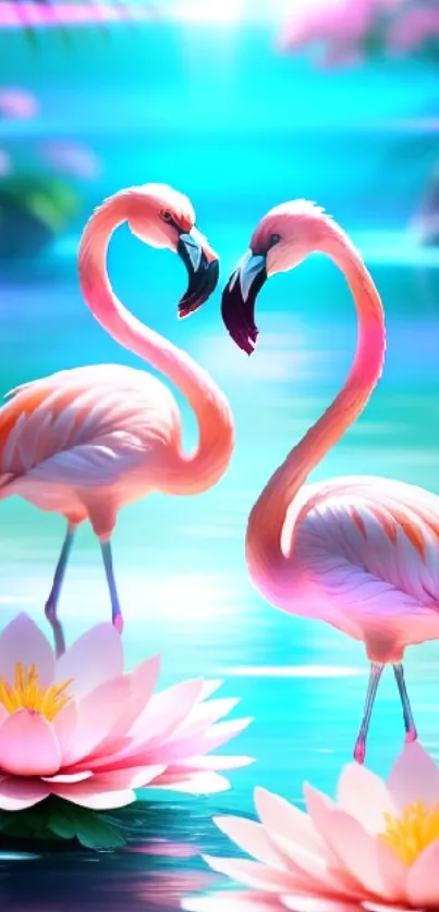 Two flamingos standing among pink lotus flowers on a serene blue lake.