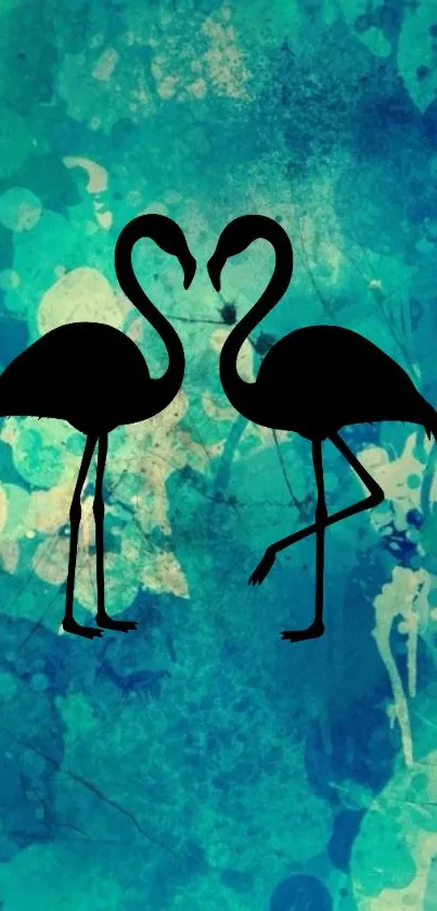 Flamingo silhouettes on a teal watercolor background, artistic mobile wallpaper.