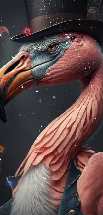 Flamingo in top hat and vest, elegant mobile wallpaper.