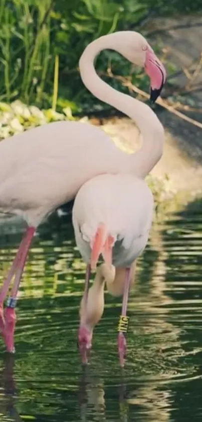 Two graceful flamingos wading in a serene pond, reflecting natural beauty.