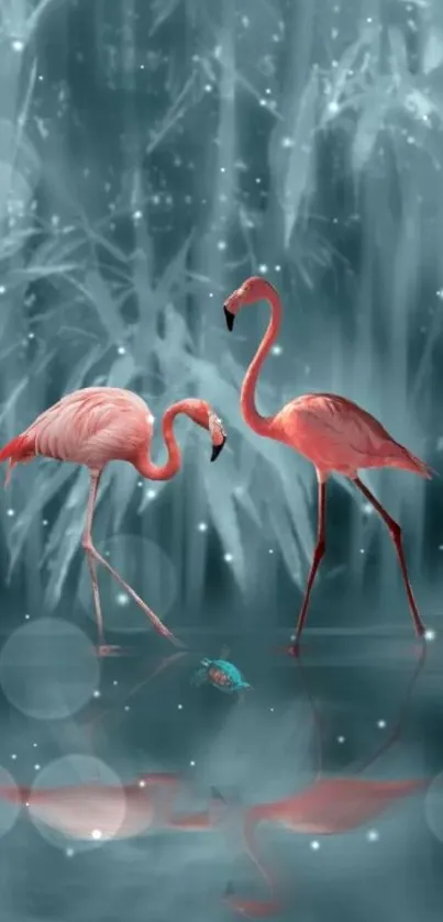 Two flamingos in a mystical forest reflecting on water.