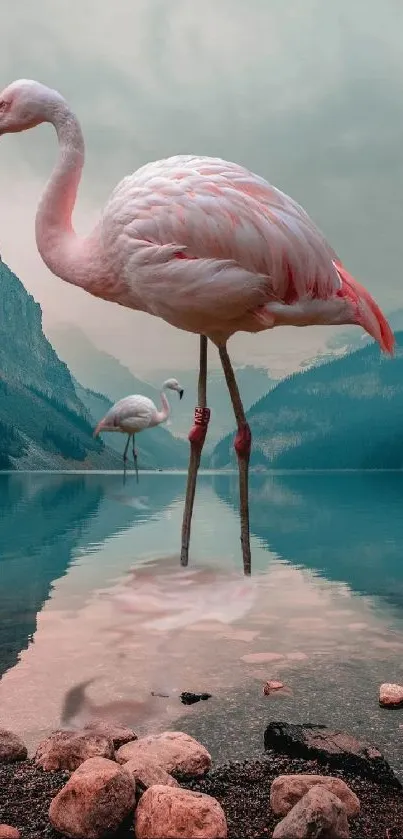 Pink flamingos wade in a lake with mountains in the background, creating a serene scene.