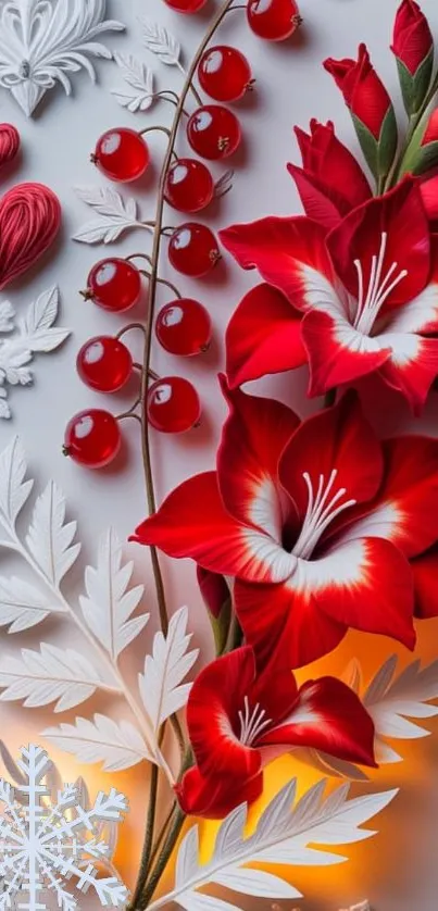 Elegant wallpaper with red flowers, berries, and white foliage.