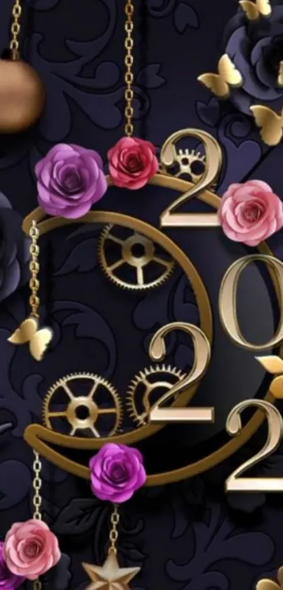 Elegant 2022 wallpaper with gold gears, vibrant roses, and butterfly accents.