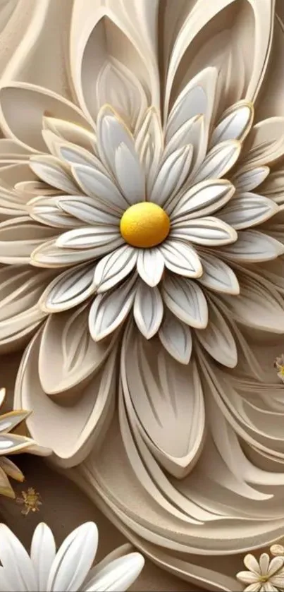 3D floral art wallpaper with beige tones.