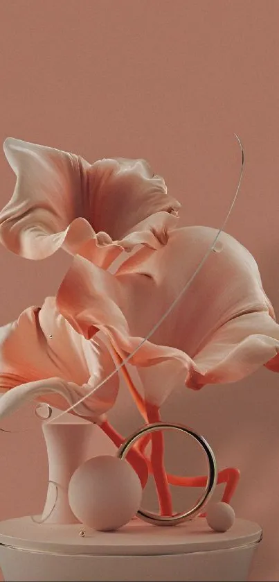 3D floral sculpture on peach background wallpaper.