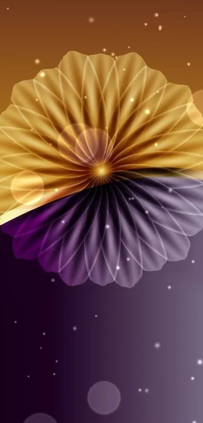 Elegant abstract floral design with gold and purple colors.