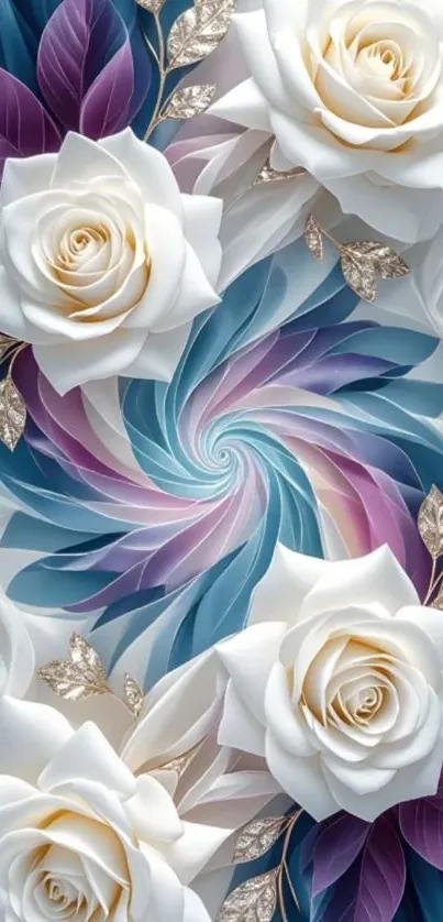 Elegant floral wallpaper with white roses and purple leaves.