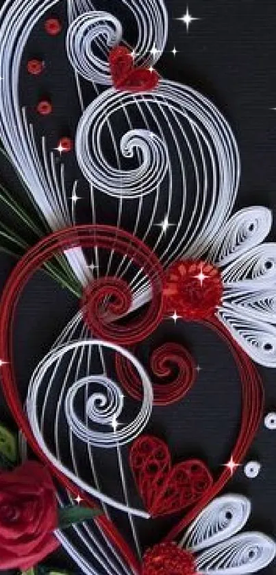 Elegant red and white floral abstract design on a dark background.